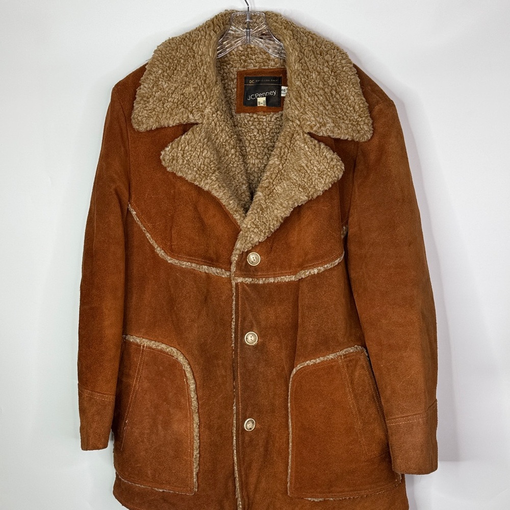 Vintage JCPenney Cowhide Brown Button Shearling Rancher Jacket 80s Size 46